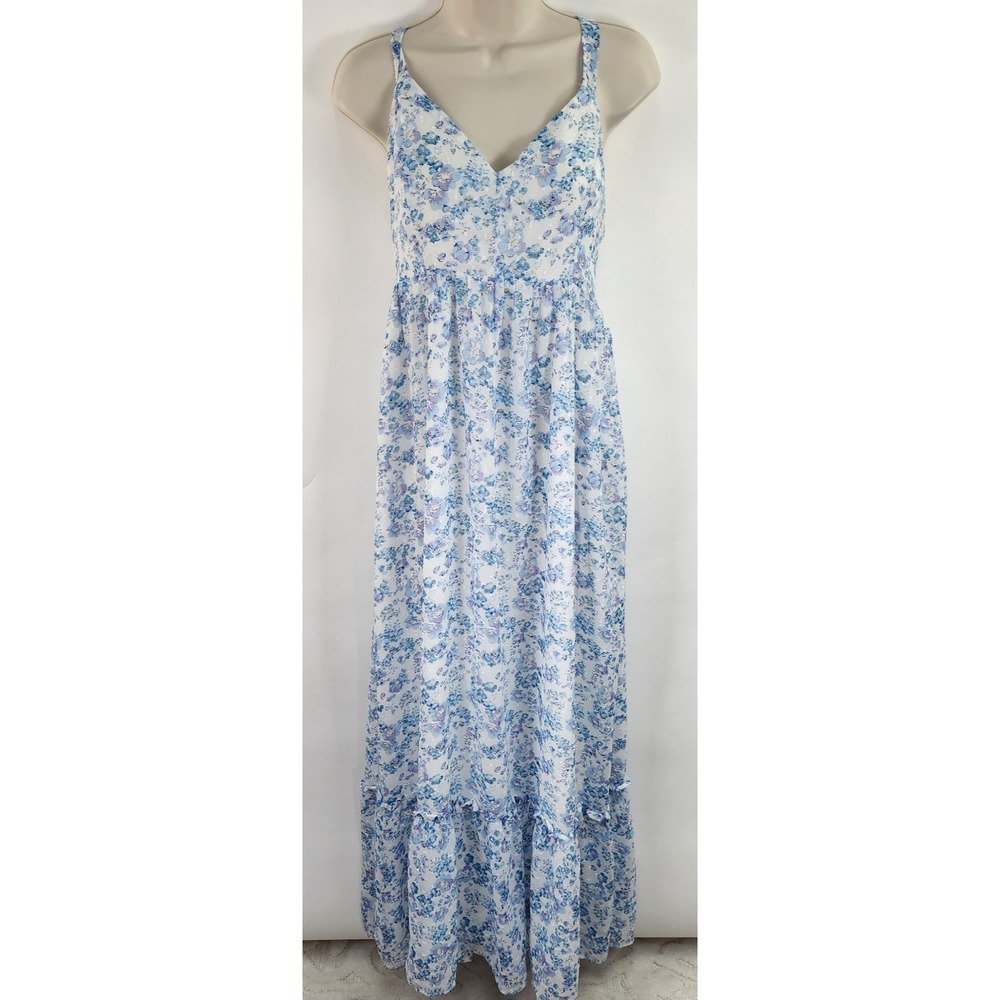 Lulus My Love Story White Blue Floral Tie Back Maxi Dress Women's L Cottagecore